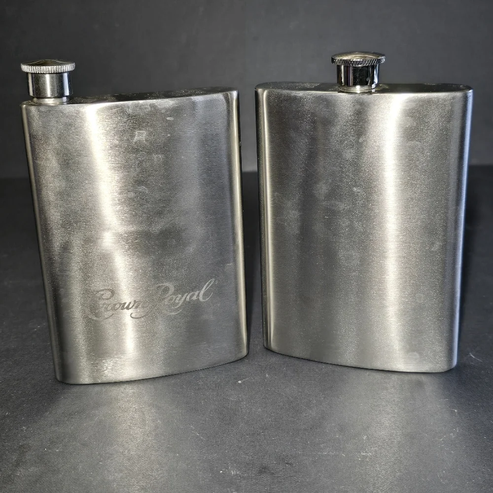 Crown Royal Stainless Steel Hip Flask Set Of 5 Purple Suede Leather Barware